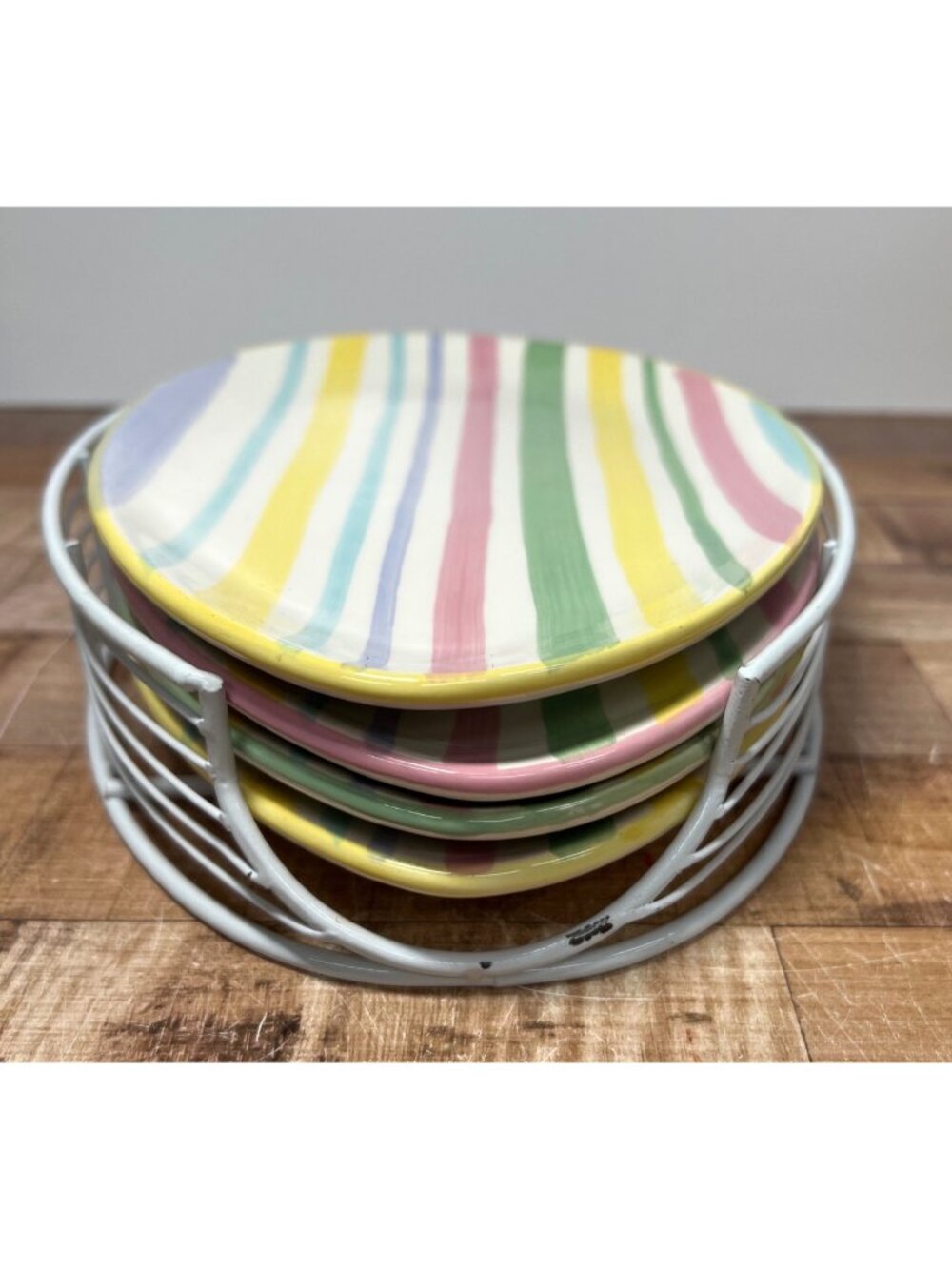 Colorful Striped Oval Plates Set With White Metal Holder Hand-Painted